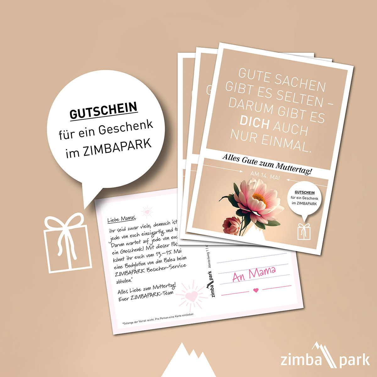 Mit dieser Postkarte erhalten alle Mamas von 13. – 15. Mai ein Geschenk im ZIMBAPARK.